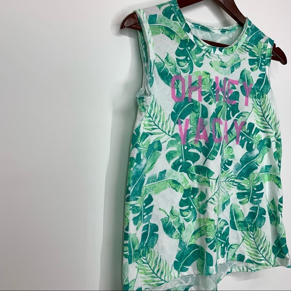 Girls More Than Magic Green Tropical Leaf Tank Top Pink Oh Hey Vacay Slogan Nwot - Picture 5 of 12